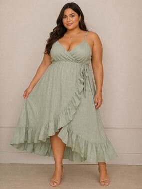 Sage Green Faux Wrap High-Low Midi Dress Size 3X | Ruffle Hem Cotton Dress